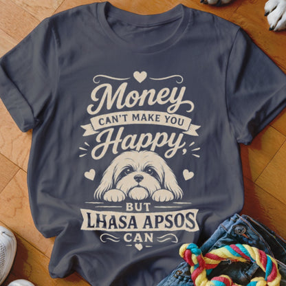 Dark gray t-shirt with text and Lhasa Apso dog graphic.