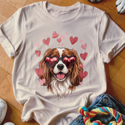 Beige t-shirt featuring a brown and white spaniel wearing heart-shaped sunglasses surrounded by floating pink hearts.