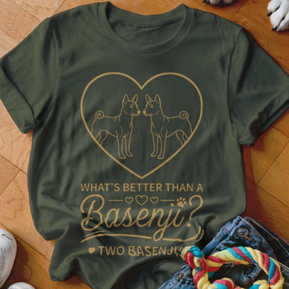 Green t-shirt with heart featuring two Basenjis, text reads "What's Better Than a Basenji? Two Basenjis".