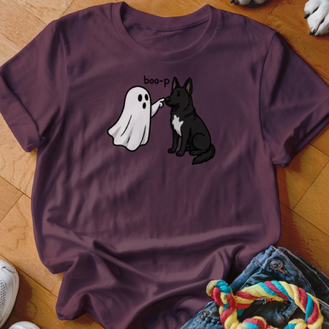 Ghost booping black dog on a maroon t-shirt with text "boo-p".