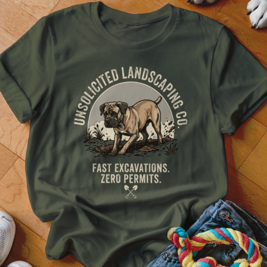 Dog digging with "Unsolicited Landscaping Co. Fast Excavations. Zero Permits." text.