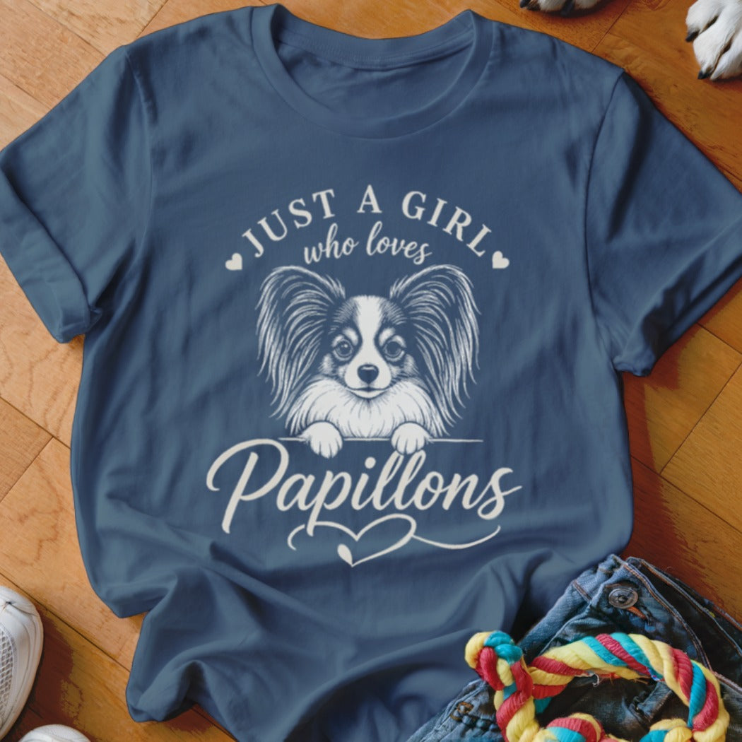 Dark blue t-shirt with "Just a girl who loves Papillons" text and a Papillon dog illustration.