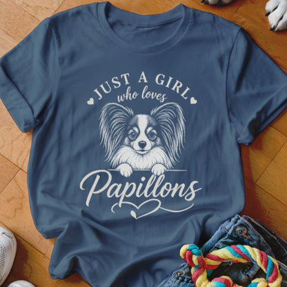 Dark blue t-shirt with "Just a girl who loves Papillons" text and a Papillon dog illustration.