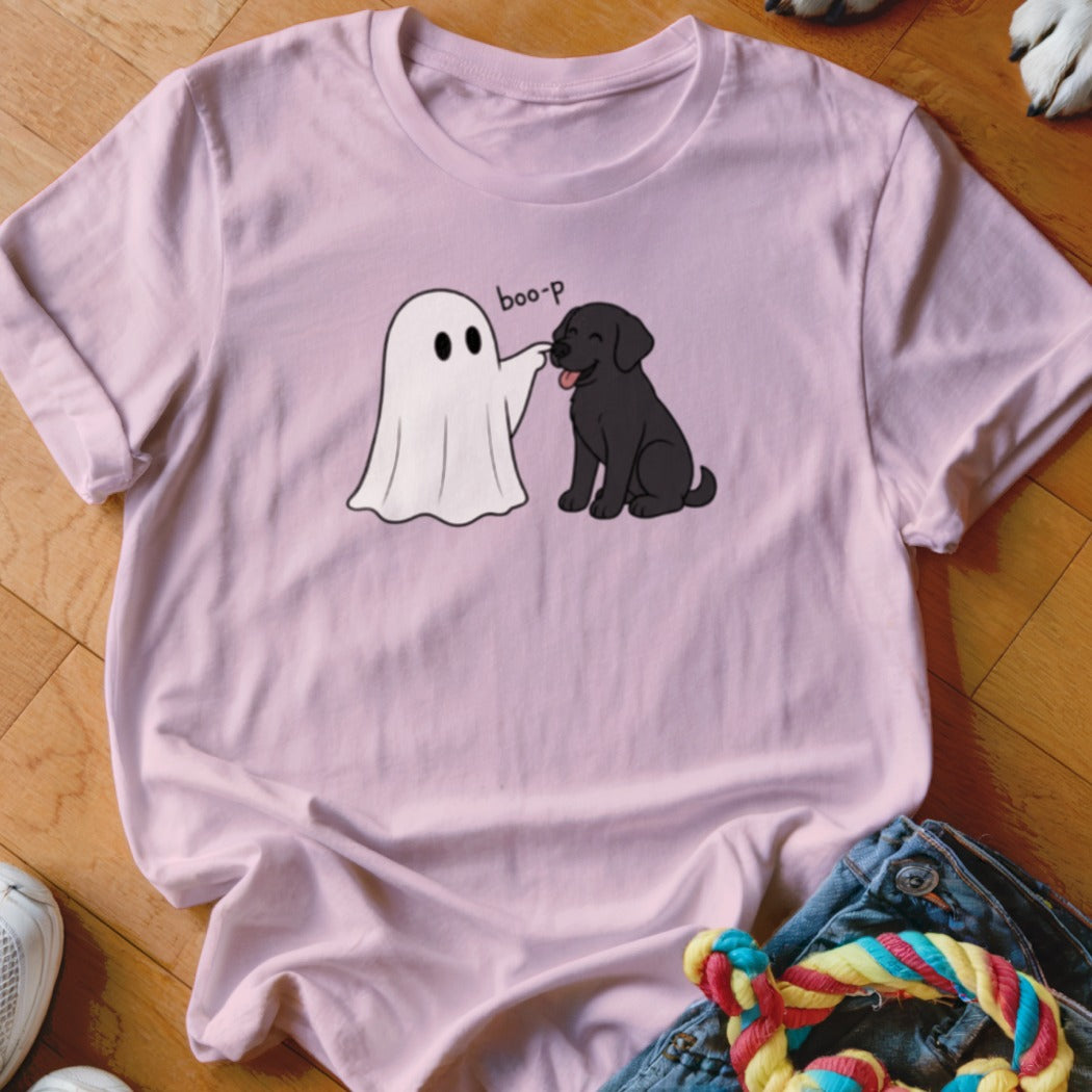Ghost booping a black dog with "boo-p" text on a pink t-shirt.