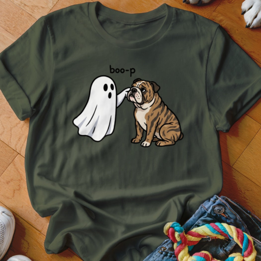 Ghost booping a bulldog, with text "boo-p" above.