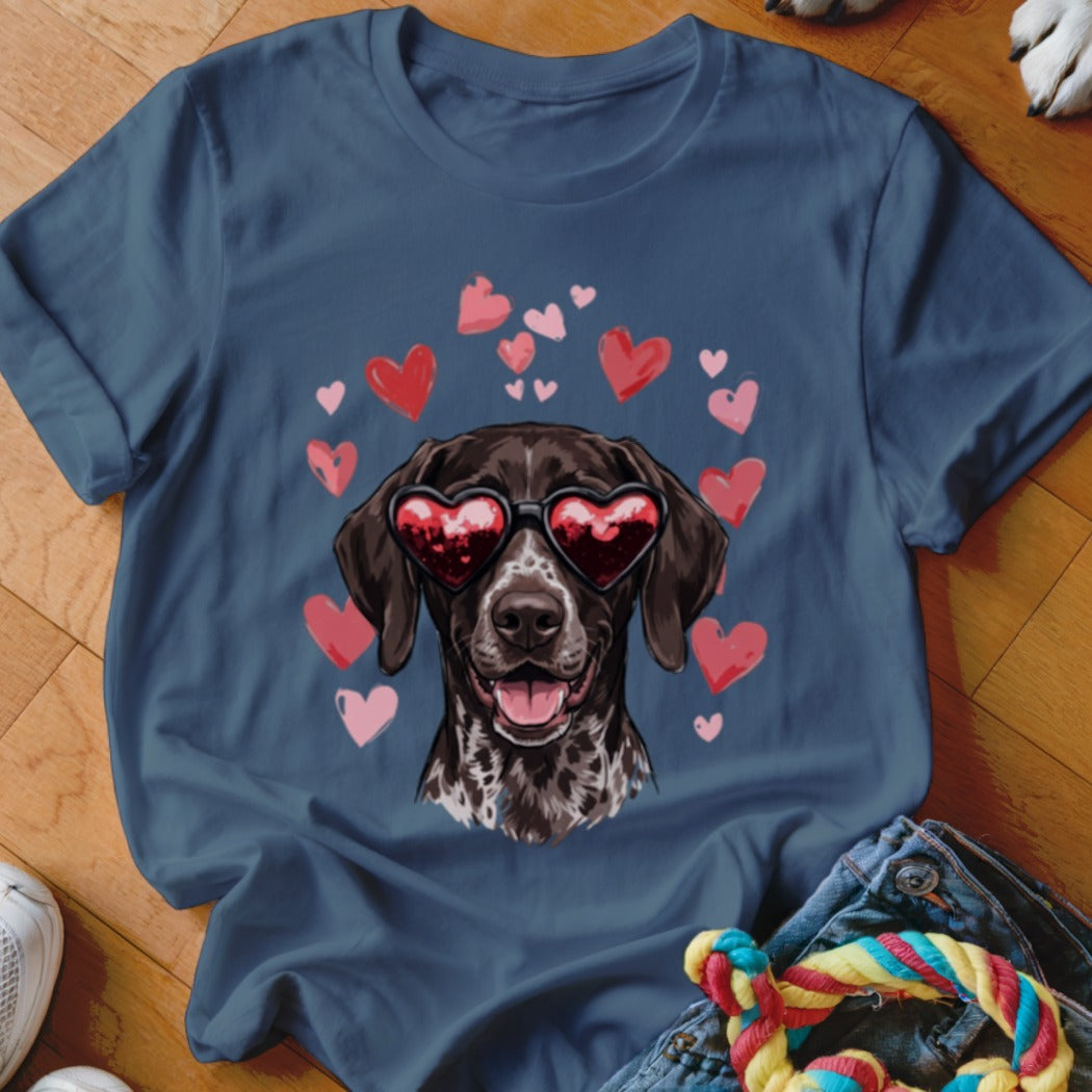 Blue crewneck t-shirt featuring a graphic of a German Shorthaired Pointer wearing heart-shaped sunglasses surrounded by pink and red hearts.