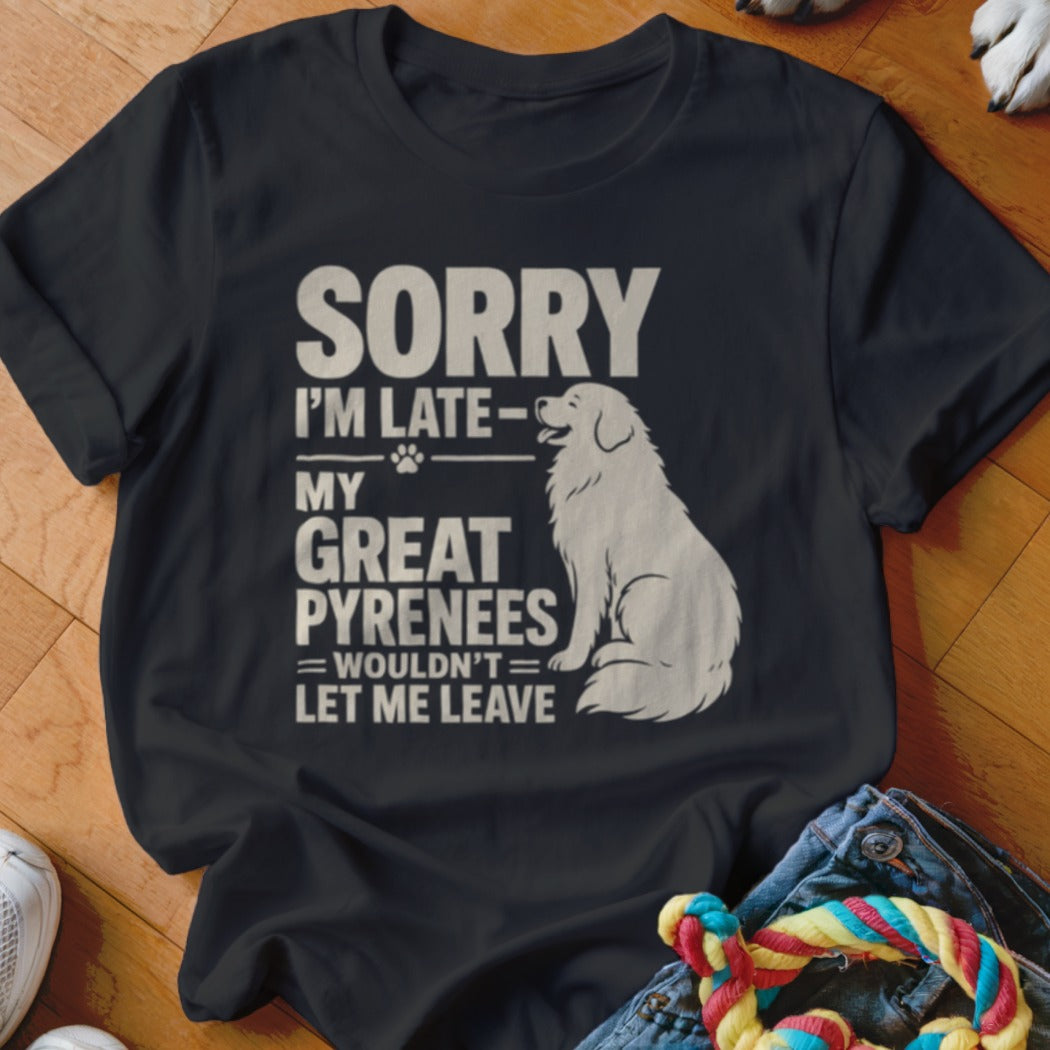 Black t-shirt with white text and a Great Pyrenees dog graphic.