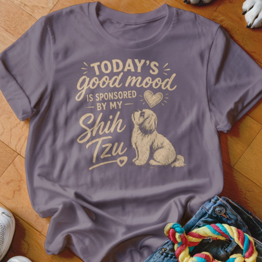 T-shirt with "Today's good mood is sponsored by my Shih Tzu" text and dog illustration.