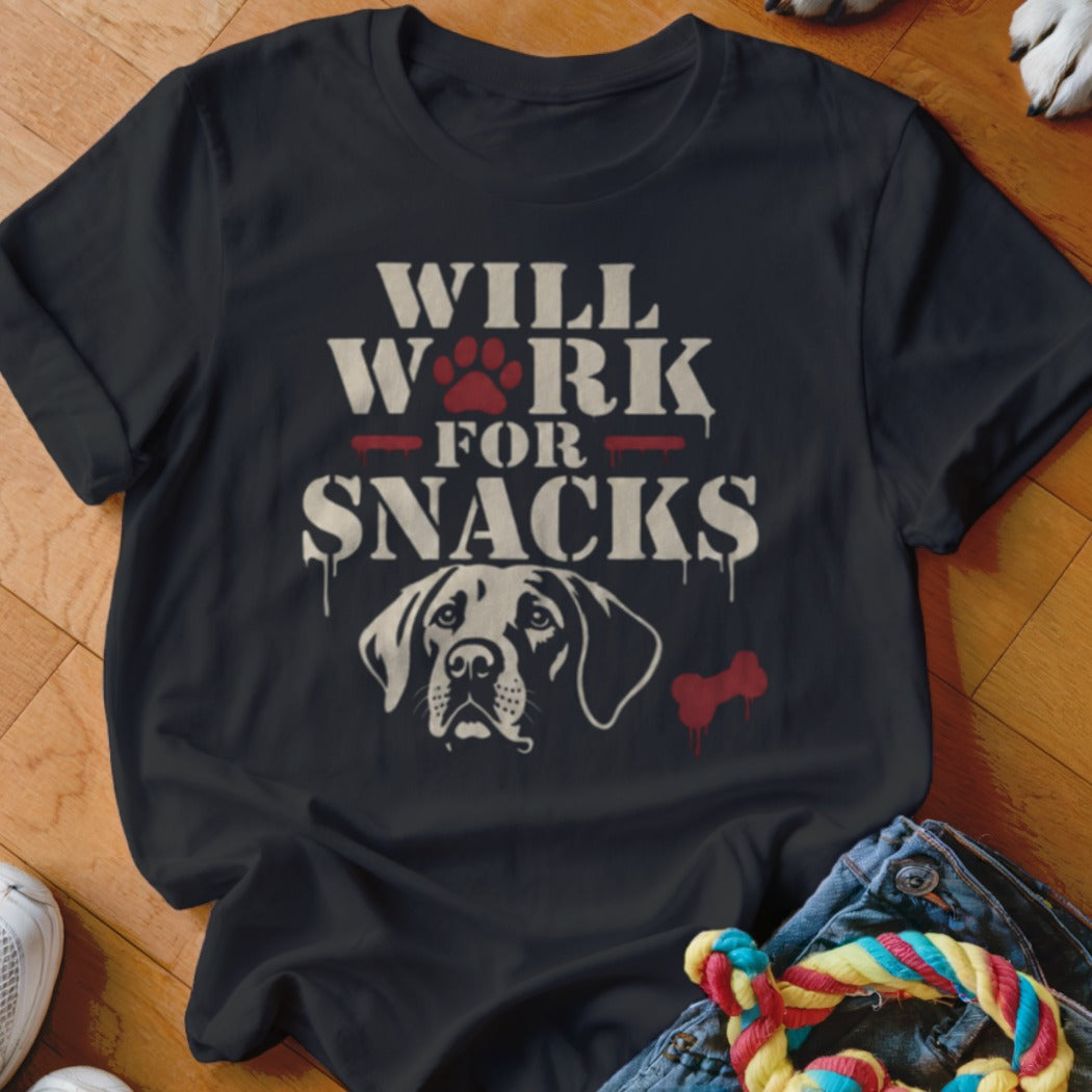 Black t-shirt with "Will Work for Snacks" text and a dog portrait.