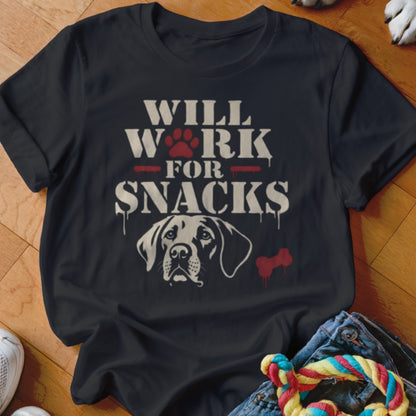 Black t-shirt with "Will Work for Snacks" text and a dog portrait.