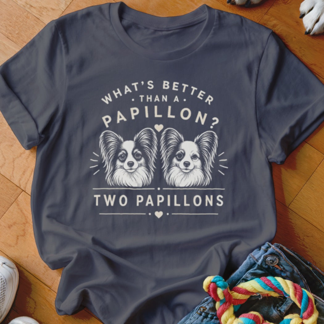 Dark t-shirt with "What's Better Than A Papillon? Two Papillons" text and dog graphics.