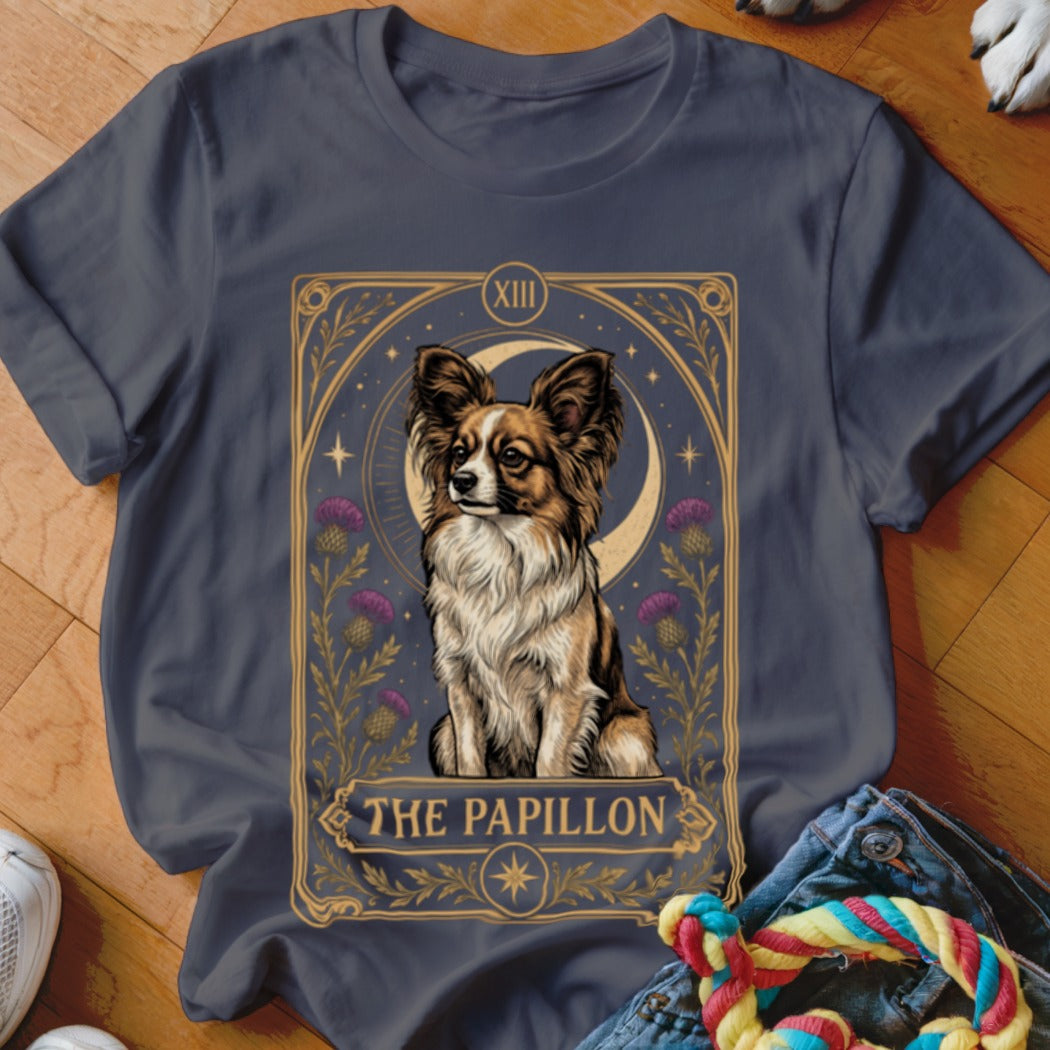 Dark grey t-shirt featuring a tarot-style graphic of a Papillon dog with thistles and a crescent moon.