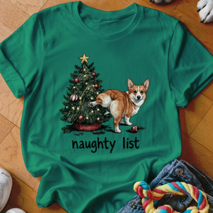 Corgi next to a Christmas tree with text that reads "naughty list"
