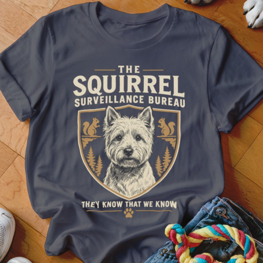 Dark gray t-shirt with a West Highland White Terrier illustration and text reading The Squirrel Surveillance Bureau.