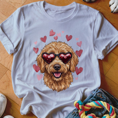 A white crewneck t-shirt featuring a graphic of a fluffy golden doodle wearing heart-shaped sunglasses, surrounded by pink hearts.