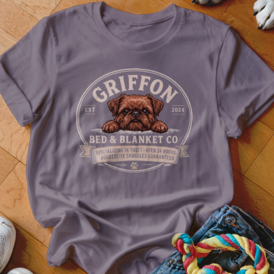 Griffon Bed & Blanket Co. t-shirt with a brown dog and text.