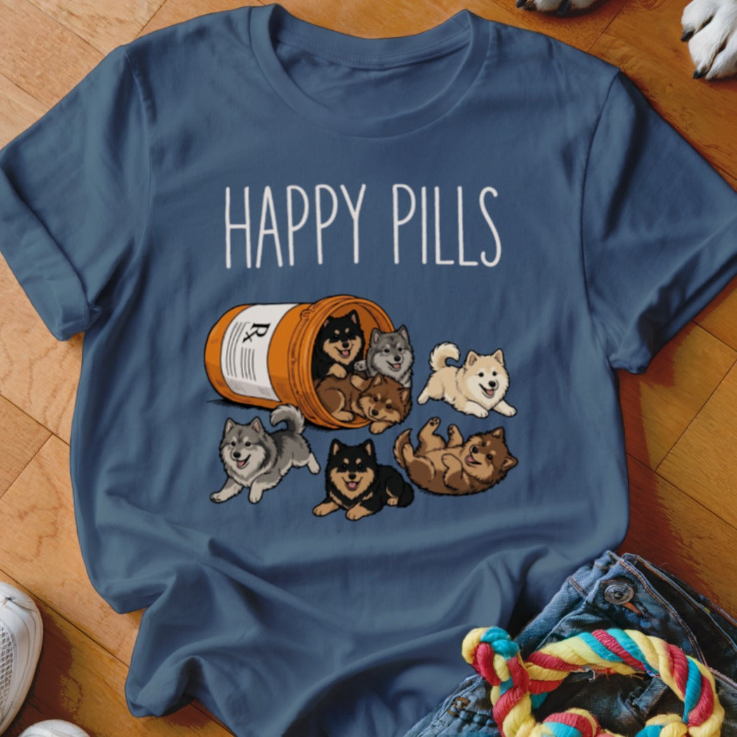 T-shirt with cartoon puppies spilling from a pill bottle and the text "HAPPY PILLS".