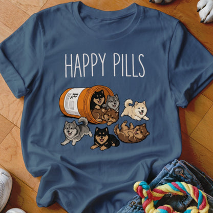T-shirt with cartoon puppies spilling from a pill bottle and the text "HAPPY PILLS".