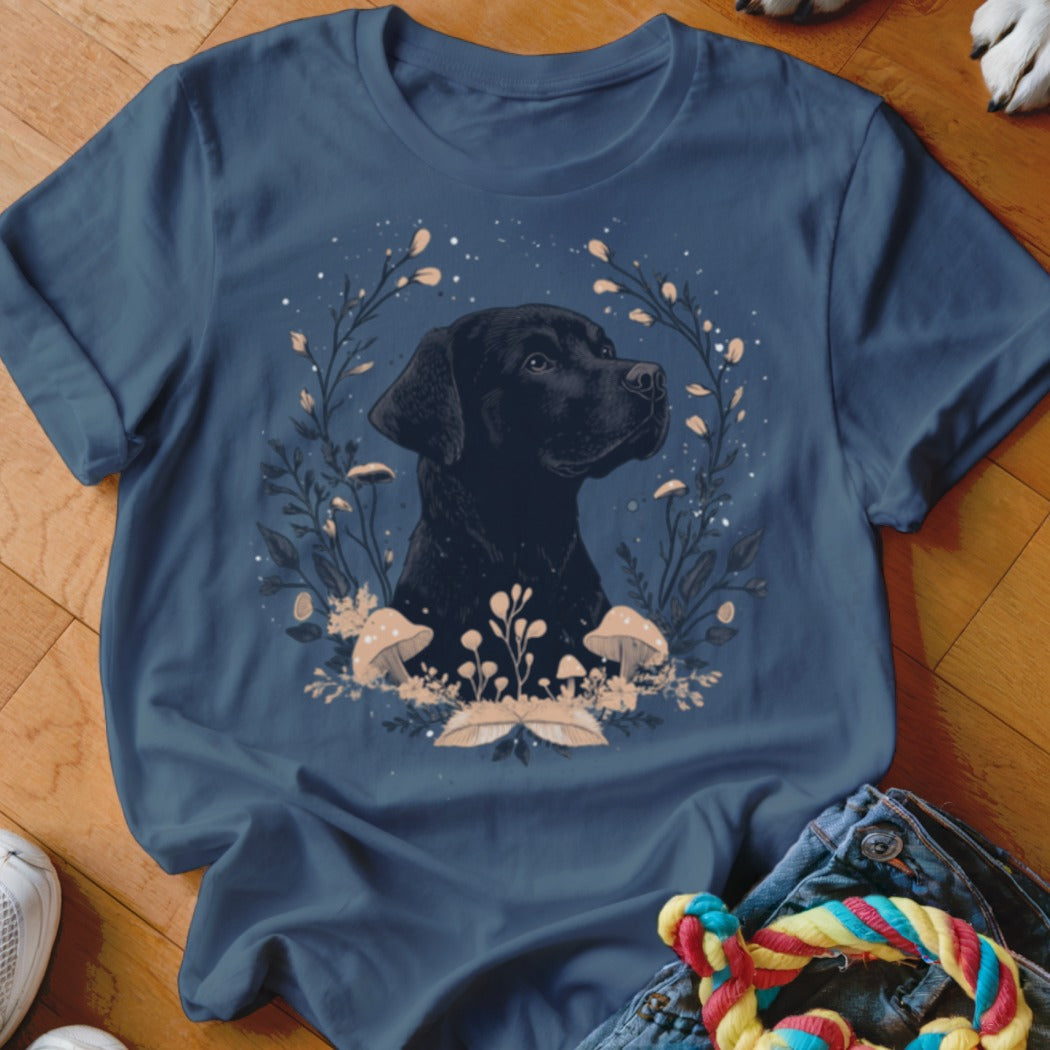 Navy t-shirt with black lab head silhouette in floral and mushroom border.