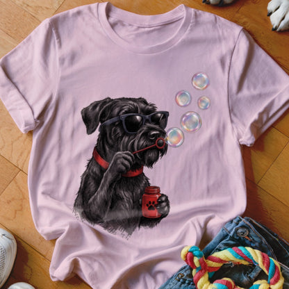 Light pink t-shirt featuring a graphic of a black dog wearing sunglasses and blowing bubbles.