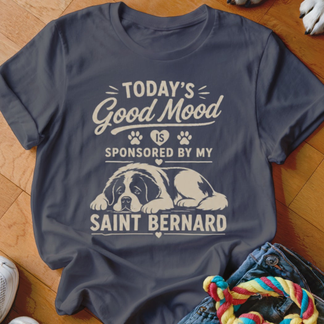 Dark grey t-shirt with "Today's Good Mood Is Sponsored By My Saint Bernard" text and dog graphic.
