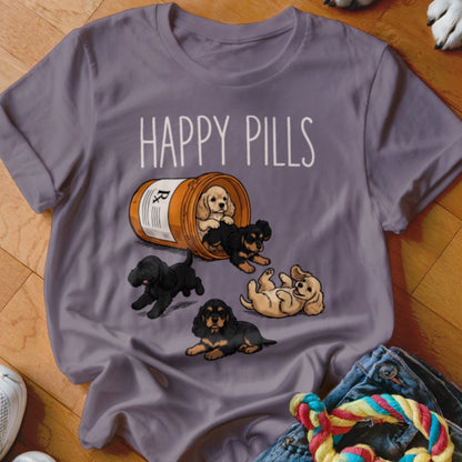 T-shirt with "Happy Pills" text and a bottle of puppies.
