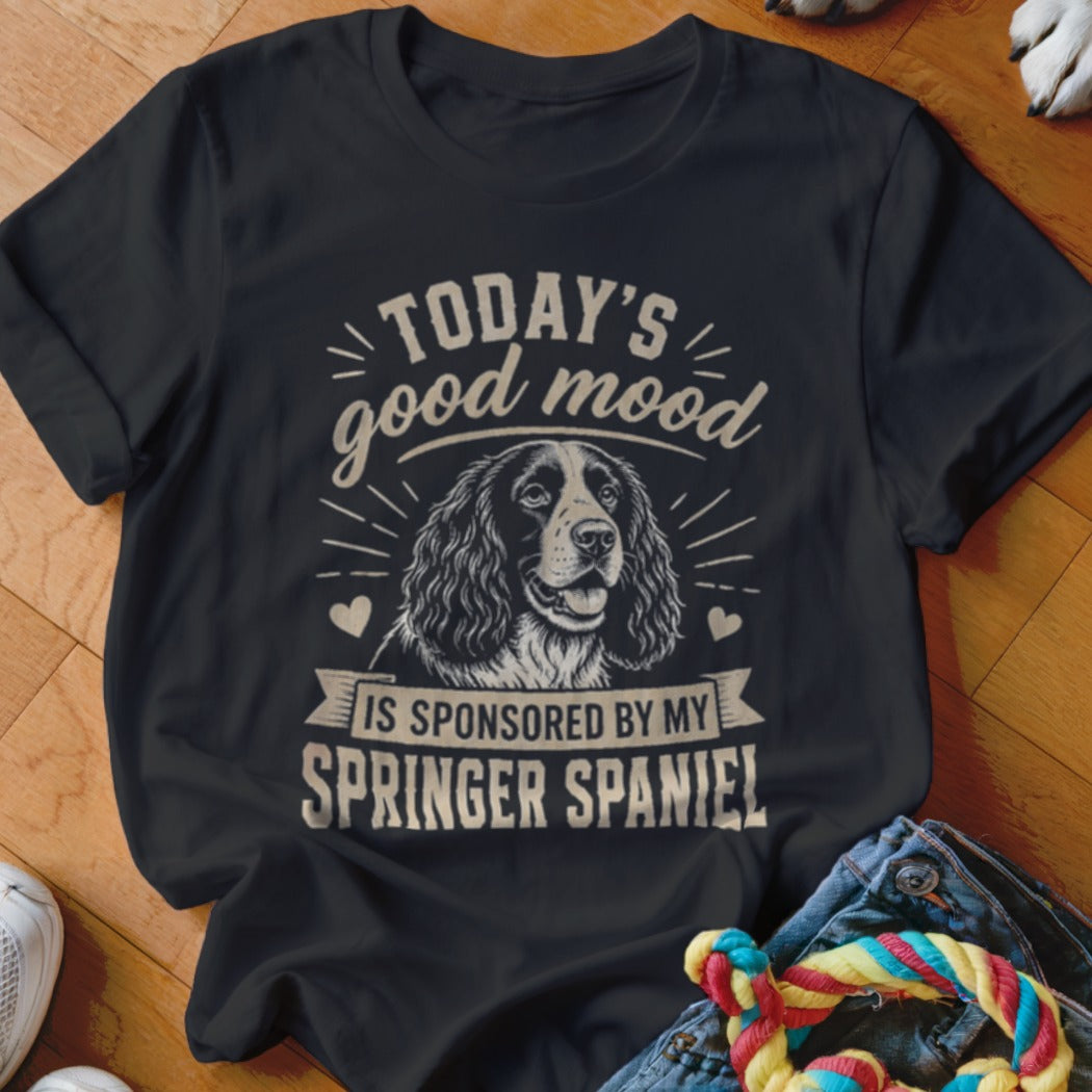 Black t-shirt with Springer Spaniel illustration and text "Today's good mood is sponsored by my Springer Spaniel".