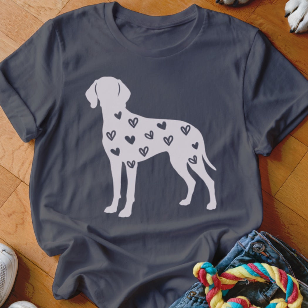 Dark gray t-shirt with white silhouette of dog covered in black hearts.