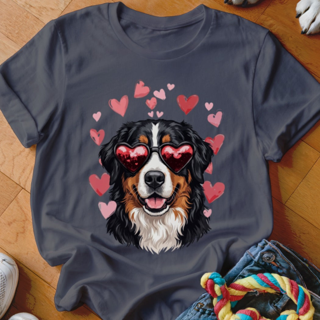 Dark gray t-shirt featuring a graphic of a Bernese Mountain Dog wearing heart-shaped sunglasses surrounded by pink hearts.