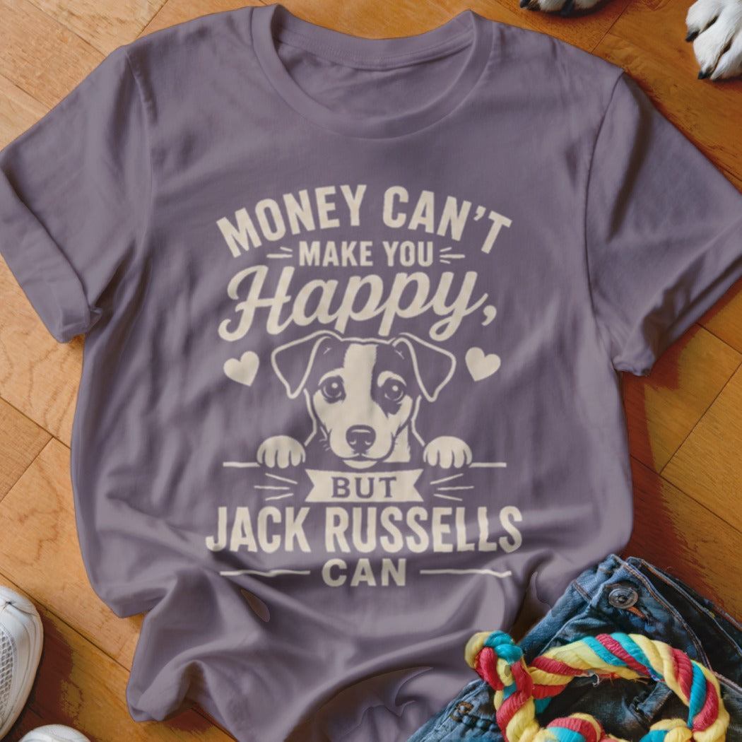Grey t-shirt with "Money can't make you happy, but Jack Russells can" text and dog graphic.
