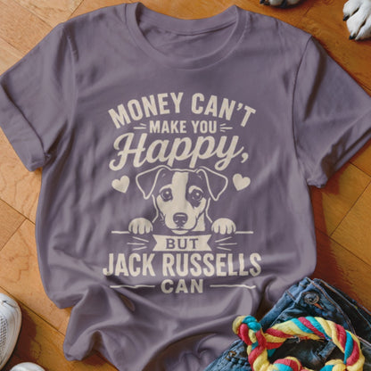 Grey t-shirt with "Money can't make you happy, but Jack Russells can" text and dog graphic.