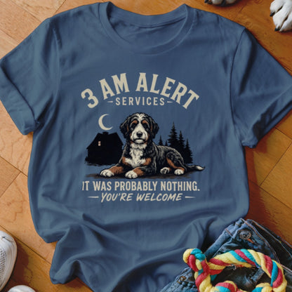 Bernese Mountain Dog graphic t-shirt with text: 3 AM Alert Services. It was probably nothing. You're welcome.