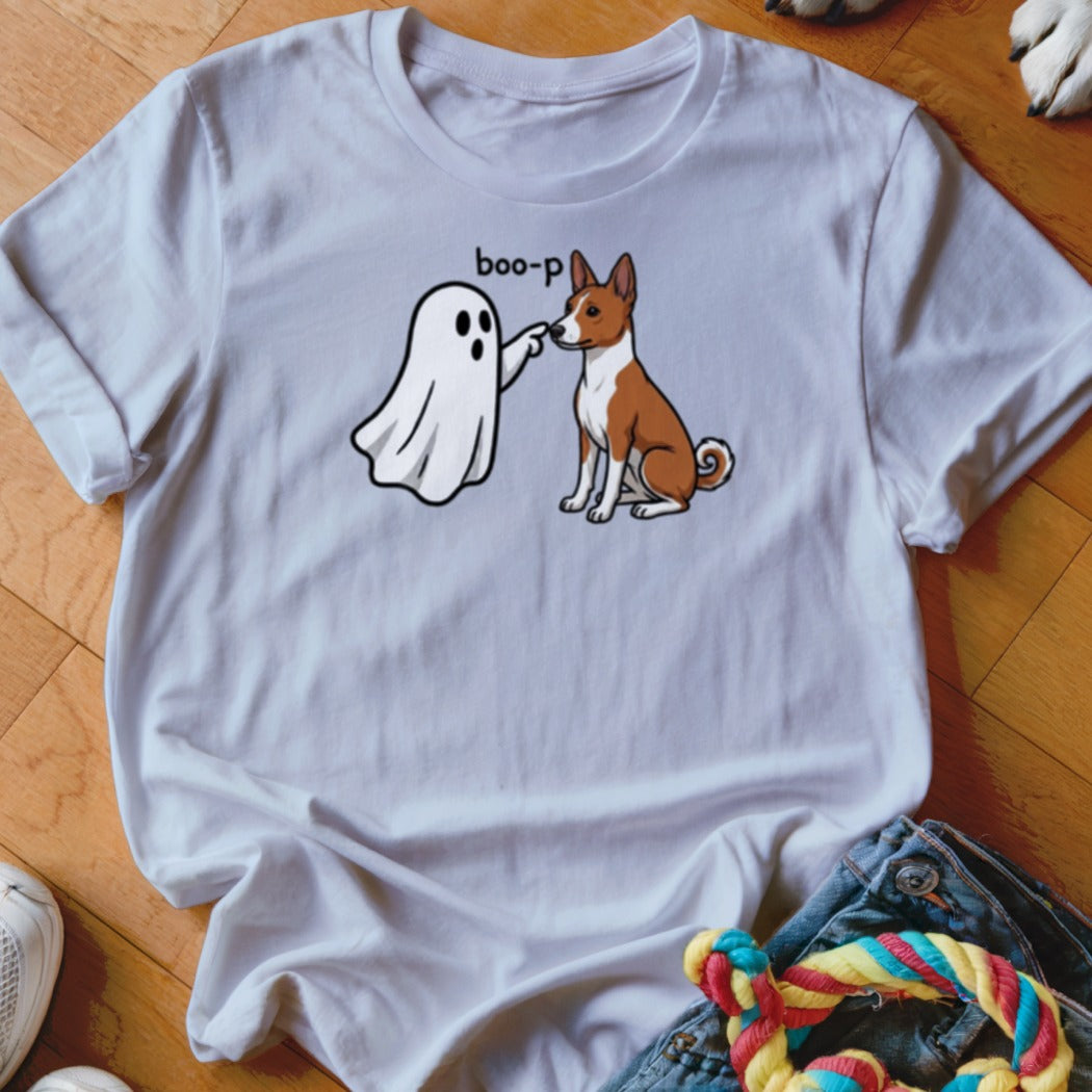 White t-shirt with cartoon ghost booping a sitting dog with text "boo-p".