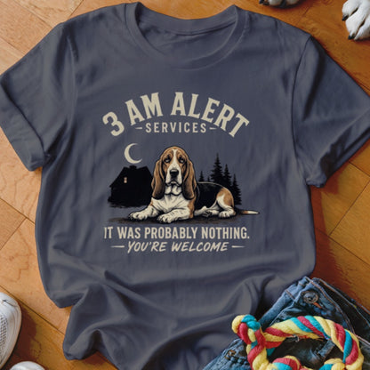Basset Hound at night with text "3 AM ALERT SERVICES IT WAS PROBABLY NOTHING. YOU'RE WELCOME."