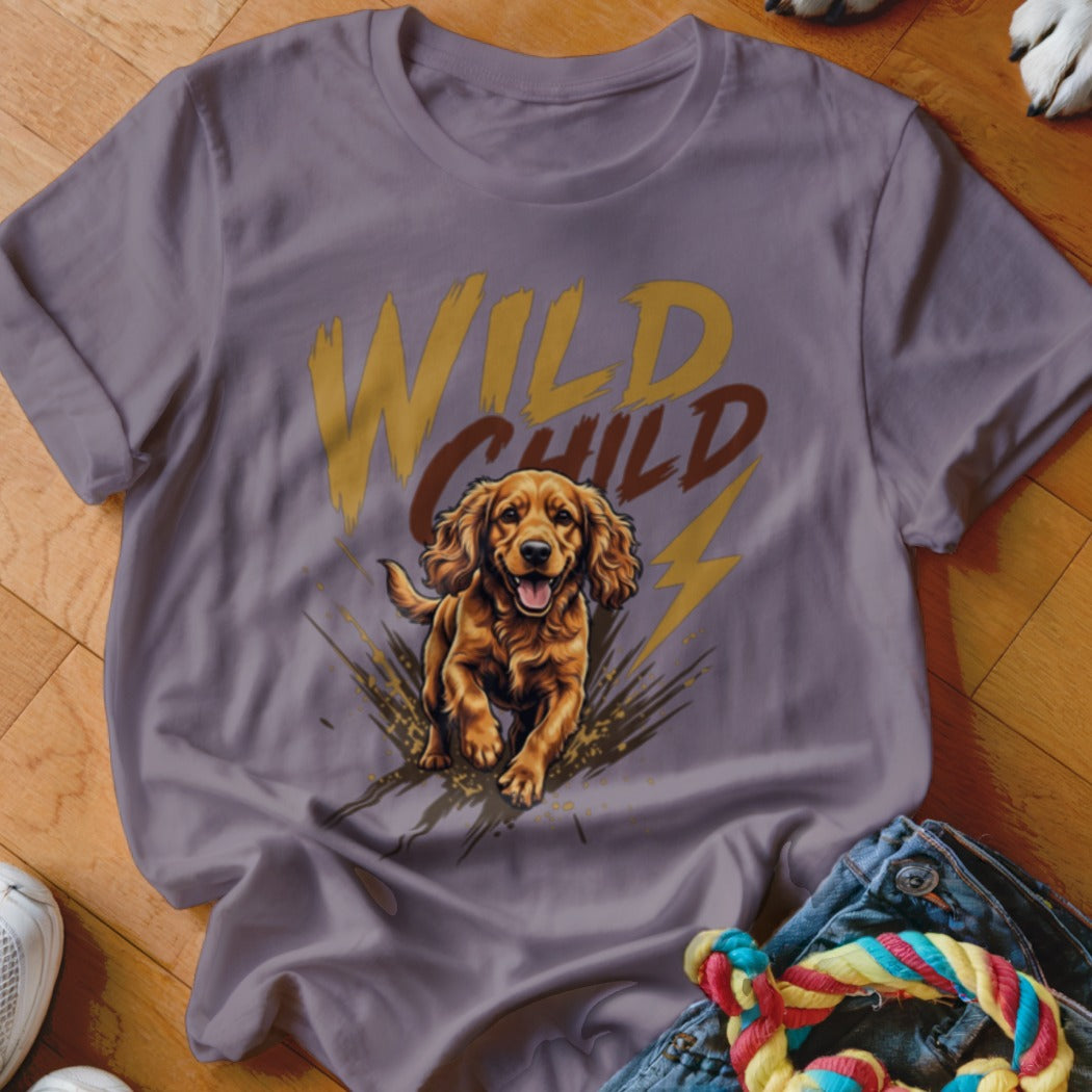 Purple crewneck t-shirt featuring a graphic of a running golden retriever with the text Wild Child.