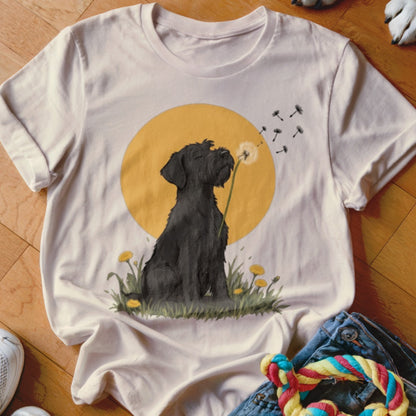 A cream-colored t-shirt featuring a graphic of a black dog sitting in grass and blowing dandelion seeds in front of a yellow sun.