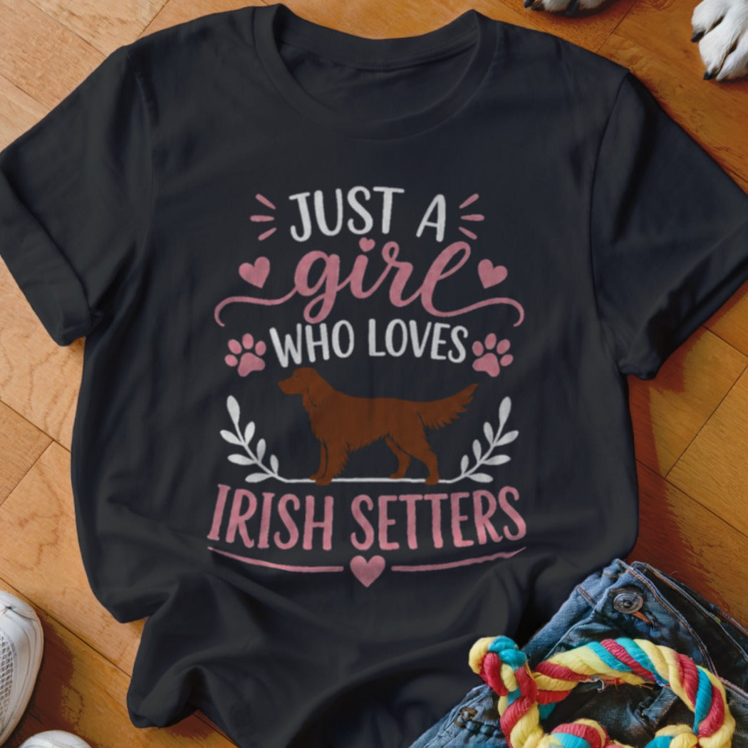 Black t-shirt with pink text "Just a girl who loves Irish setters" and a dog graphic.