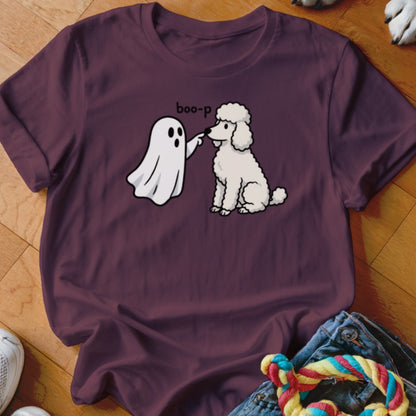 Ghost boo-ping a white poodle on a maroon t-shirt.
