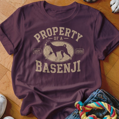 Maroon t-shirt with vintage "Property of a Basenji" design and dog silhouette.