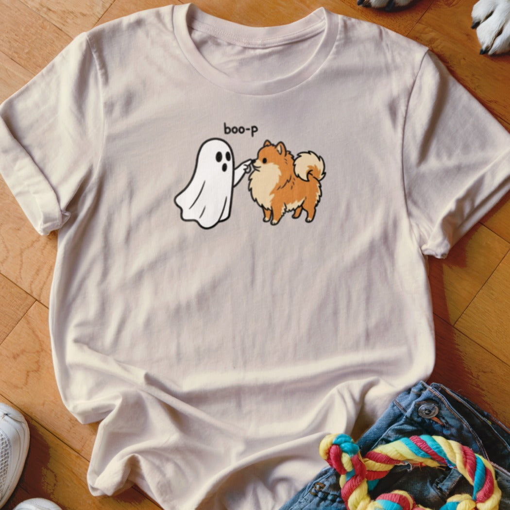 Ghost and Pomeranian dog with "boo-p" text on light colored t-shirt.