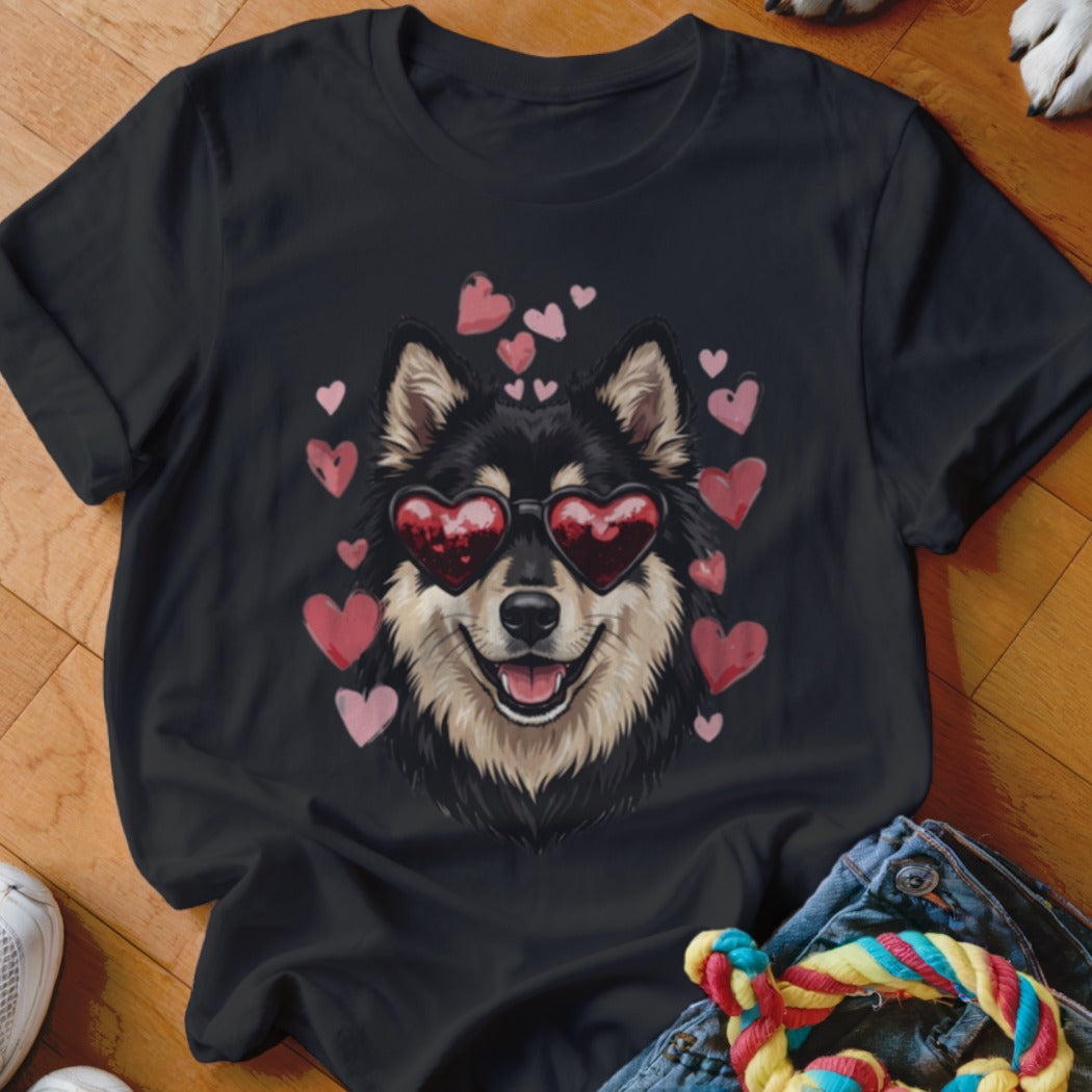 A black short-sleeved t-shirt featuring a graphic of a smiling dog wearing heart-shaped sunglasses surrounded by pink hearts.