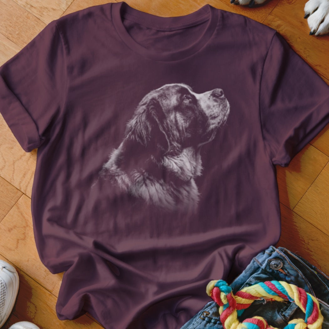 T-shirt with a detailed black and white graphic of a dog's head.