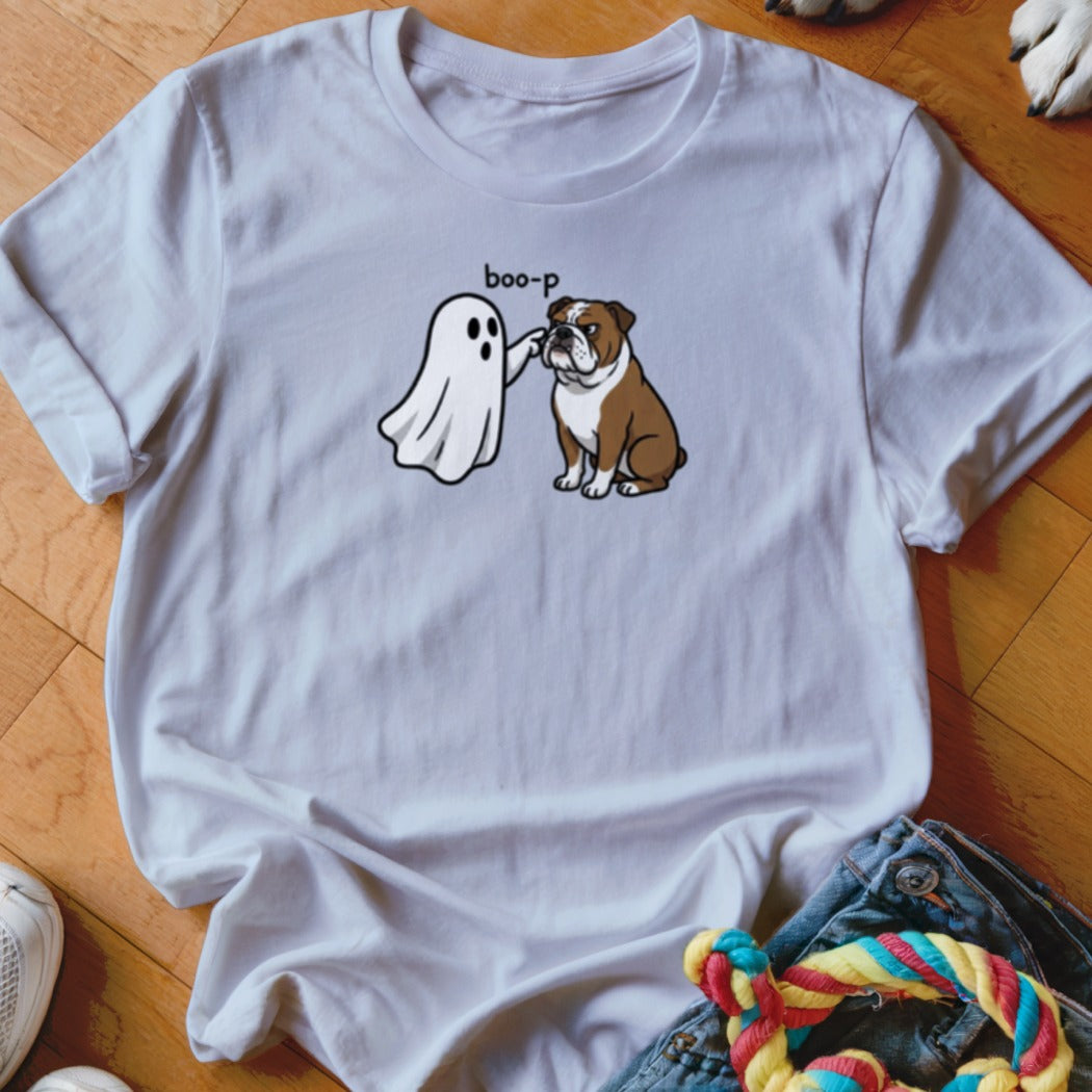 White t-shirt graphic with a ghost booping a bulldog, text "boo-p".