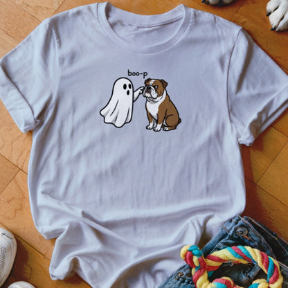 White t-shirt graphic with a ghost booping a bulldog, text "boo-p".