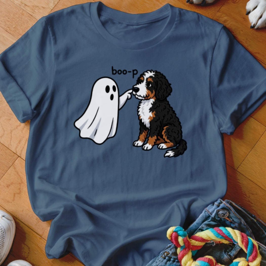 Bernese Mountain Dog puppy getting booped by a ghost with "boo-p" text.