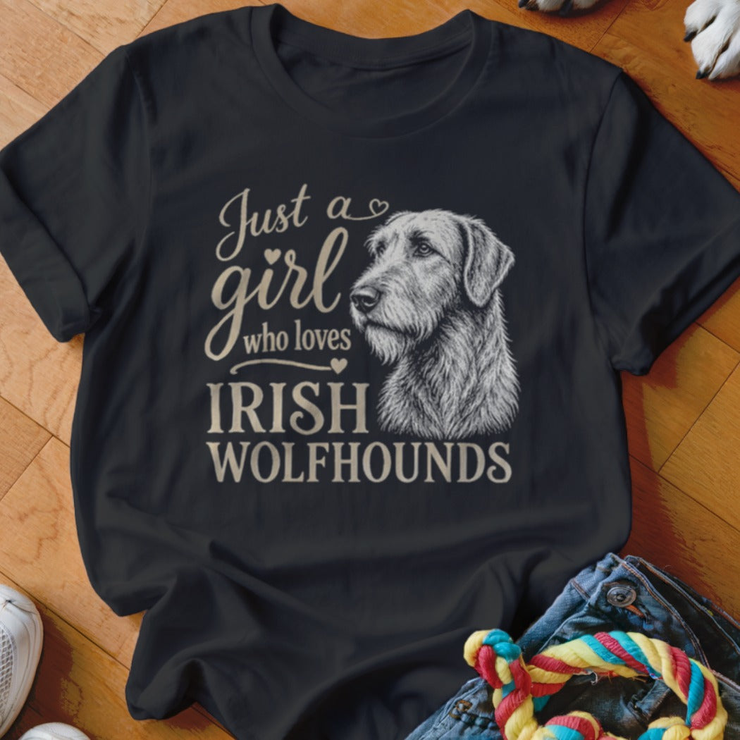 T-shirt with "Just a girl who loves Irish Wolfhounds" text and dog illustration.