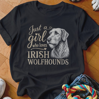 T-shirt with "Just a girl who loves Irish Wolfhounds" text and dog illustration.