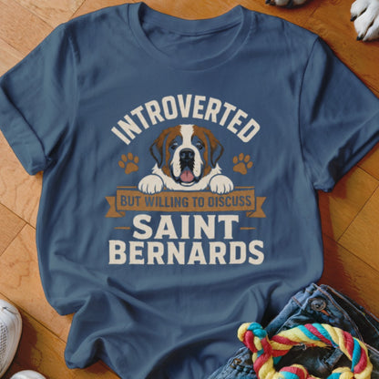 Blue t-shirt with Saint Bernard graphic and text "Introverted but willing to discuss Saint Bernards".
