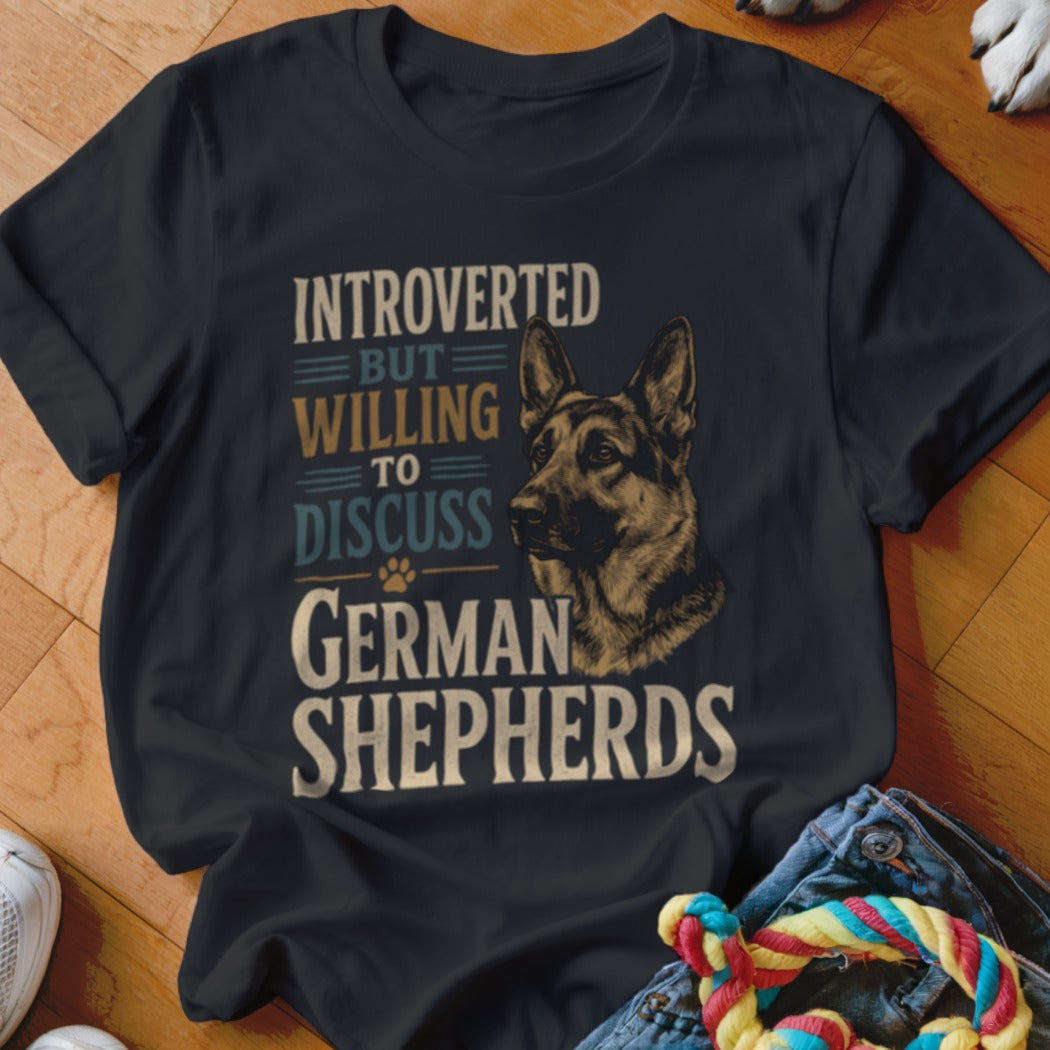 Dark t-shirt with German Shepherd graphic and text: "Introverted But Willing to Discuss German Shepherds".