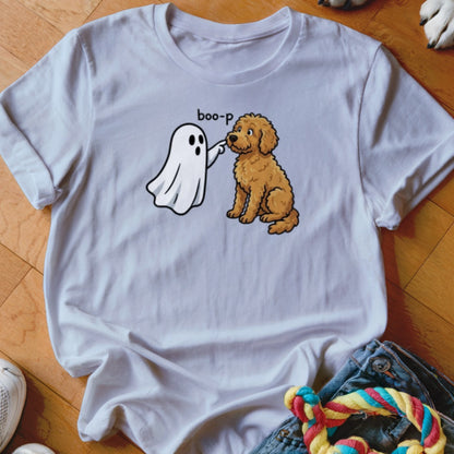 White t-shirt with cartoon of ghost booping a golden doodle dog.